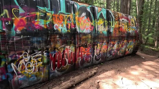 A derailed train covered in graffiti