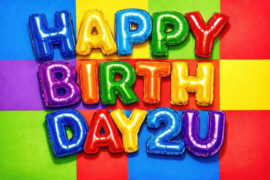Colorful HAPPY BIRTH DAY 2U balloon letters on bright patchwork background, party greeting photo