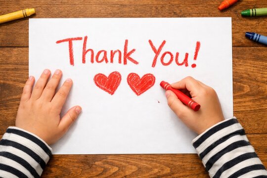 Thank you message on white paper, red hearts and crayons on wooden desk, gratitude card photo