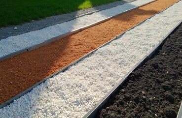 Fototapeta premium Metal garden edging separates rows of white orange and grey gravel with dark soil and green grass. Landscaping material beds show contrast in ground.
