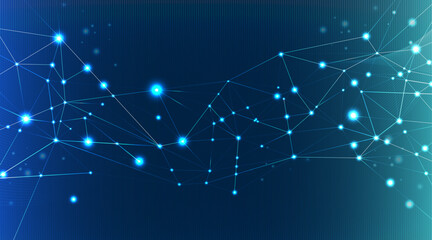 Abstract Digital Network Connection with Glowing Nodes and Blue Polygon Mesh Background © Junedgfxart