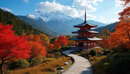 Naklejka premium Red pagoda sits beside snowy peaks under a bright blue sky. Wooden path winds through autumn trees. Orange red yellow foliage fills a serene valley landscape.