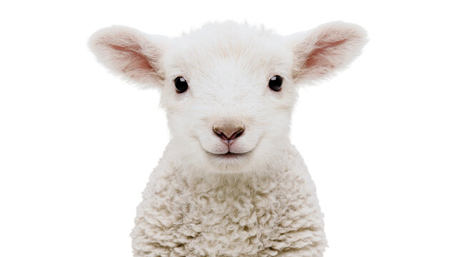 Adorable fluffy white lamb face with curly wool, isolated on transparent background