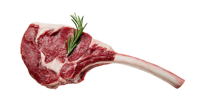 Raw tomahawk steak with rosemary sprig, isolated on transparent background