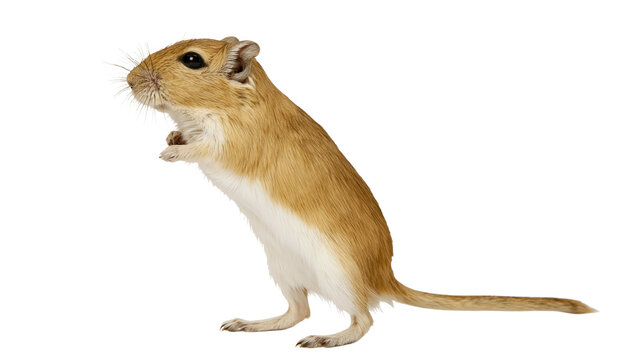 Small gerbil with tan fur and white belly standing on hind legs, isolated on transparent background