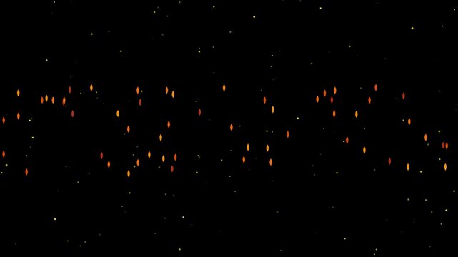 Glowing fire particles rising against animation 4k black background, abstract warm embers overlay effect