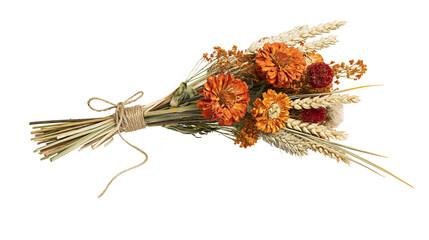 Dried floral bouquet with orange flowers and wheat stalks tied with twine, isolated on transparent background © ELISA