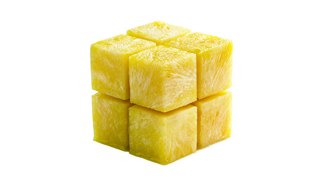Six yellow pineapple cubes stacked in a 2x3 formation, isolated on transparent background
