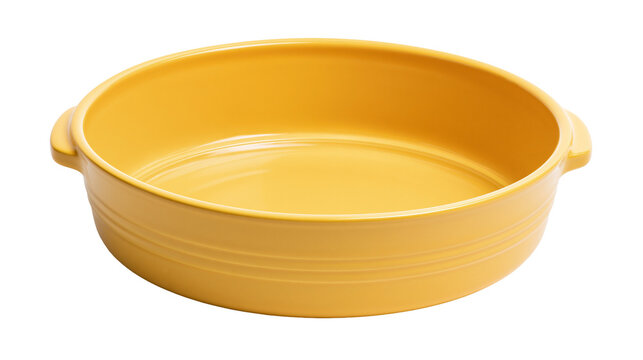 Yellow ceramic oval baking dish with handles, isolated on transparent background
