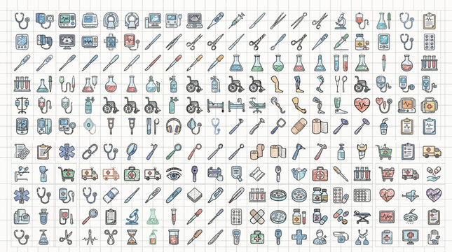 Medical Equipment Doodle Icons in a Grid Pattern Featuring Healthcare, Illustration, Vector with Symbol and Stethoscope Elements