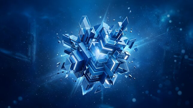 Abstract blue crystal formation with shattered fragments and glowing core