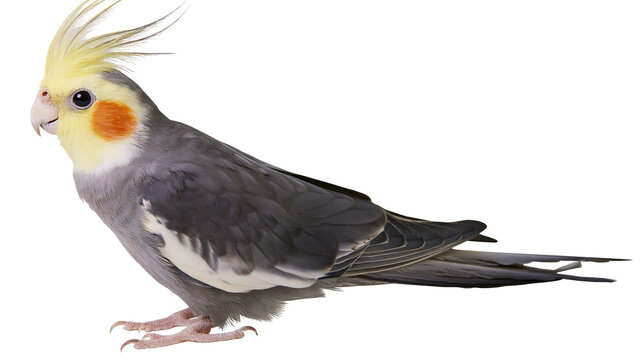 Gray cockatiel with yellow crest and orange cheek patches, isolated on transparent background
