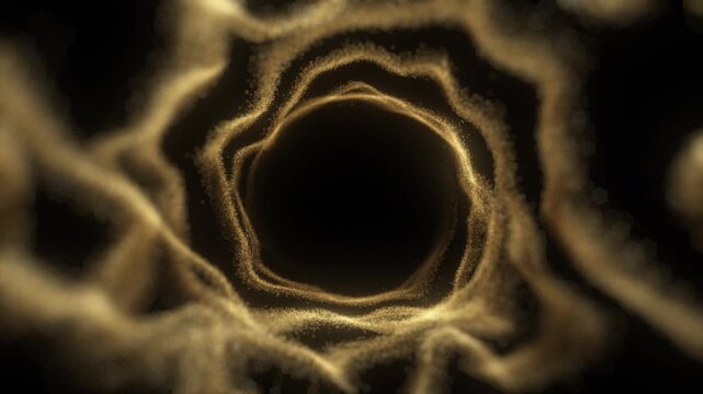 Luxury Gold Particle Vortex Loop with Spinning Strings and Black Center Copy Space for Logo Titles Glittering Golden Spiral Motion Background for Awards Celebration Glamour Events Cinematic Frame VFX