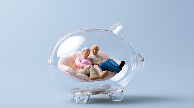 Miniature senior couple figures rest within a clear piggy bank, symbolizing financial security and retirement savings for an older generation on a blue background