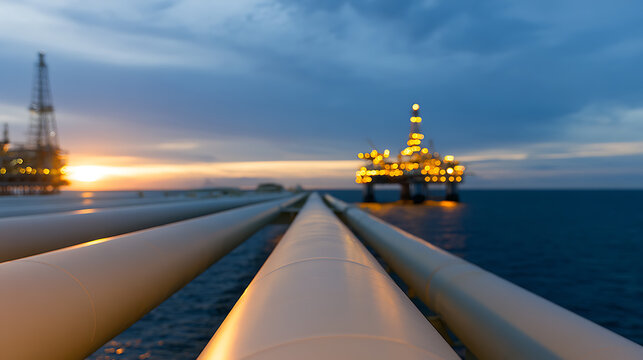 Industrial pipeline stretch across ocean towards illuminated offshore oil platforms at sunrise, showcasing energy infrastructure and global supply