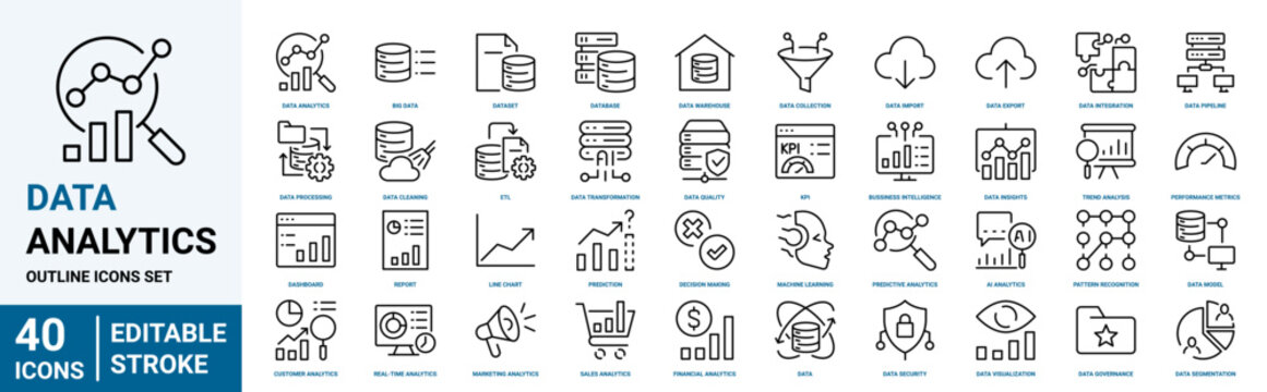 Set of 40 outline icons for Data Analytics. metrics, KPI, Linear icon collection. Editable stroke. Vector illustration.
