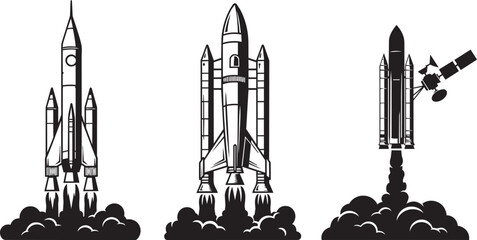 Three rocket launches with smoke trails against a white background in a vector illustration style © SDR