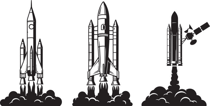 Three rocket launches with smoke trails against a white background in a vector illustration style