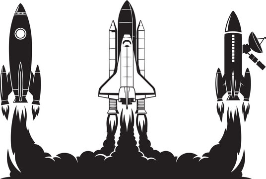 Three rockets launching with billowing smoke against a white background in a concept of space exploration