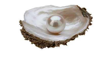 Lustrous white pearl resting inside a rough oyster shell, isolated on transparent background © Noah