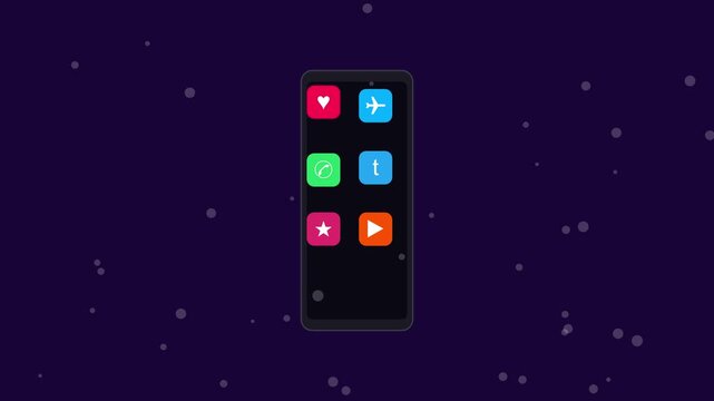 Smartphone interface with animated app and floating particles on dark animation 4k background mobile