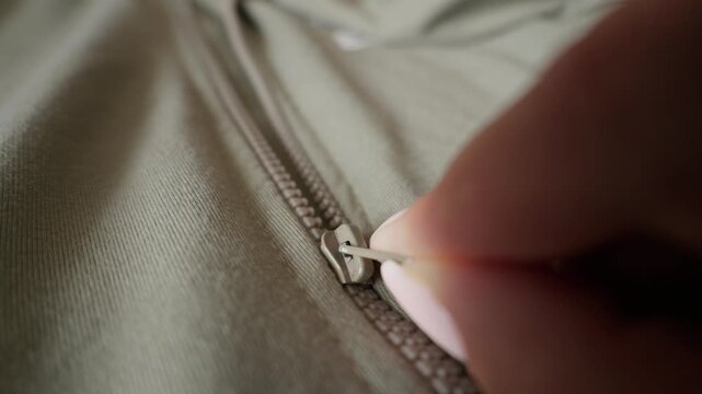 Female hand with manicured nails pulls a metal zipper slider along the teeth of a khaki fleece jacket. Concept of getting dressed, morning routine, and winter fashion detail.