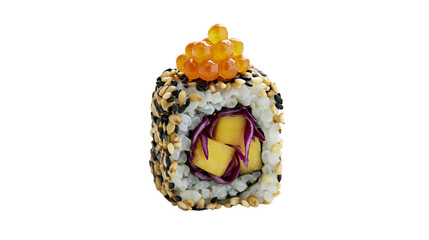 Sushi roll with mango red cabbage and salmon roe, isolated on transparent background © Noah