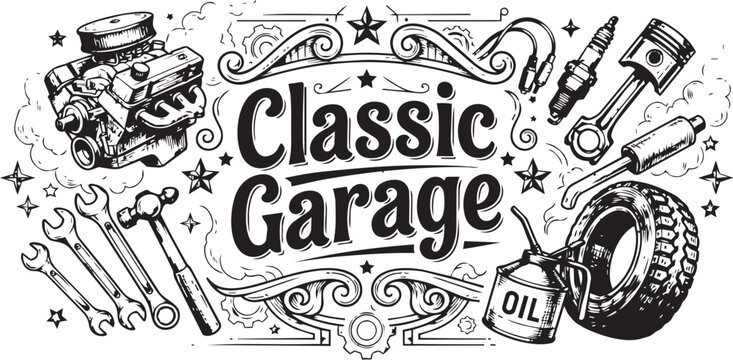 Automotive Repair Sketch Composition with Classic Garage Typography