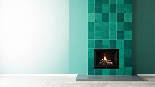 Minimal modern interior with teal tiled fireplace.