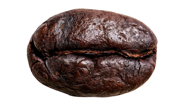 Dark roasted coffee bean with deep texture, isolated on transparent background
