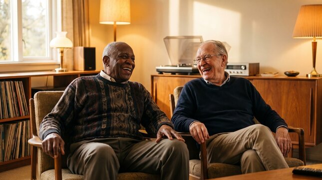 Joyful candid photograph of two elderly multiethnic senior men laughing heartily together in a cozy mid century living room