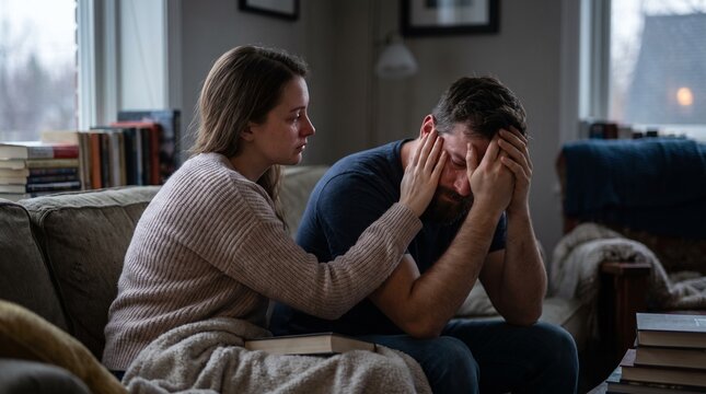 Touching cinematic photograph of a young woman comforting her stressed husband on the couch gently placing her hand on his face
