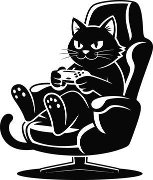Gamer cat vector illustration, black cat playing video games, feline gamer in gaming chair EPS