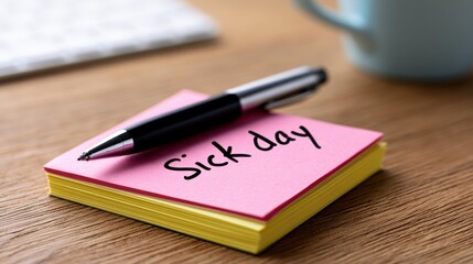 Fototapeta premium Sick day note on a wooden desk with a pen