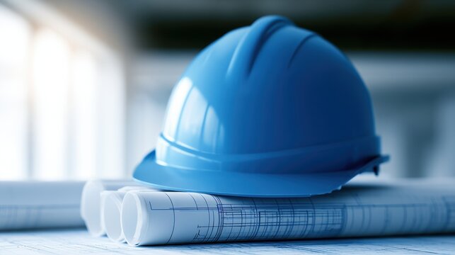 Blue construction hard hat resting on architectural blueprints