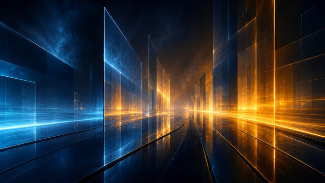 Couloir de verre futuriste bleu et or avec reflets