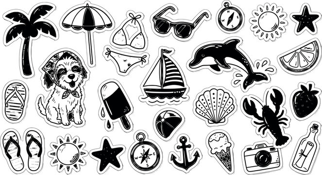 Summer beach hand drawn doodle sticker set cute black and white vacation elements isolated on white background transparent background