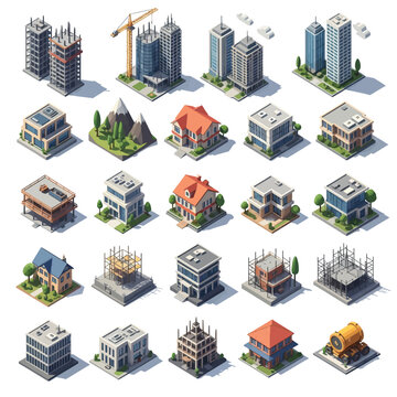 Isometric 3D collection of architectural building icons and construction sites