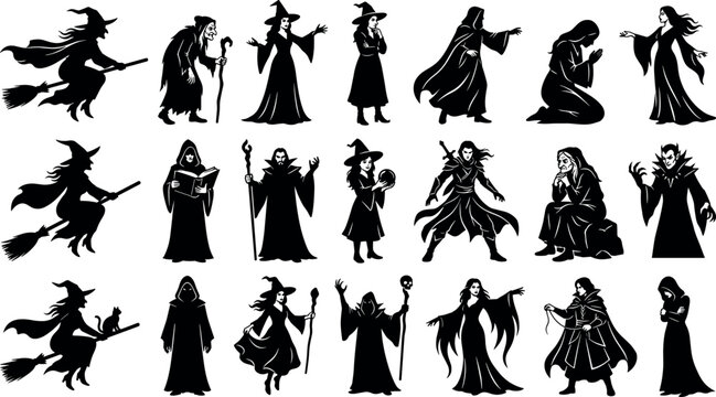 Halloween witch and wizard silhouettes collection sorcerer warlock vampire and dark fantasy characters in image_273e9f.png
