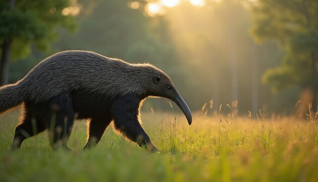 Giant anteater walks through sunlit grassy field. This rare mammal searches for ants in its natural habitat. Wild animal on warm sunny day in the wild.