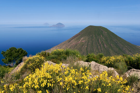 SALINA ISLAND, ITALY - JUNE, 2026: Scenic panoramic view from the summit of Monte Fossa delle Felci over Monte dei Porri volcano in the Aeolian archipelago