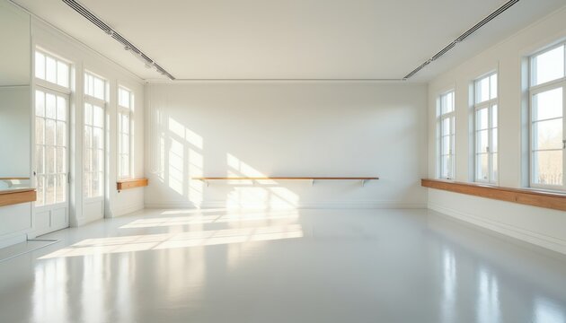 Sunlit empty dance studio features mirrors windows and barre. Polished floor reflects light. Modern airy space ready for practice lessons or performance.