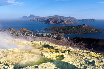 Panoramic view from Vulcano island crater with yellow sulfur fumaroles looking at Lipari Italy © Viktor