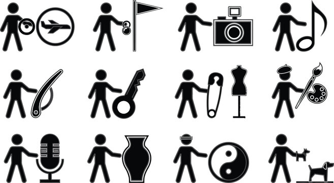 Set of black stick figure icons representing various hobbies and leisure activities for design.