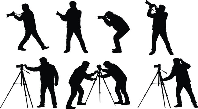 Set of black silhouettes of professional photographers using cameras and tripods on white background