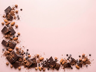 Obraz premium Chocolate pieces, nuts and chocolate chips on pink background with cocoa powder