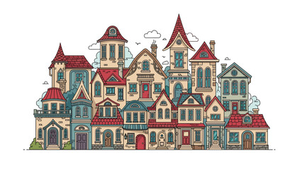 Naklejka premium Colorful collection of whimsical houses and tall buildings with red roofs creates a charming and dense European town landscape.