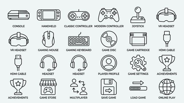 A collection of gaming-themed line icons, including consoles, controllers, peripherals, game media, and online play elements.
