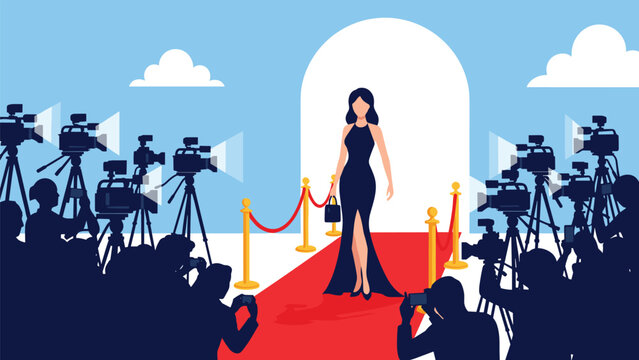 Famous female celebrity in a glamorous black dress walking on a red carpet while photographers take pictures.