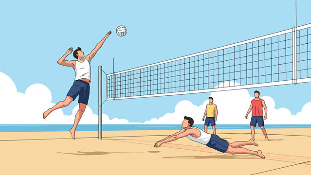 Group of athletic men playing an energetic game of beach volleyball on a sandy court during a bright sunny summer day.